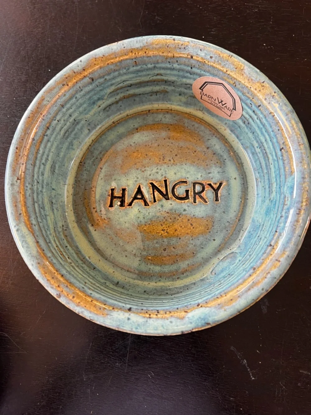 'HANGRY' Ceramic Dog Bowl - Blue and Brown